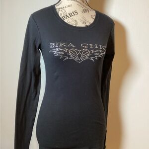 BIKA CHIC LONG SLEEVE SPARKLY COTTON TEE RHINESTONE EMBELLISHED BLACK SZ LG